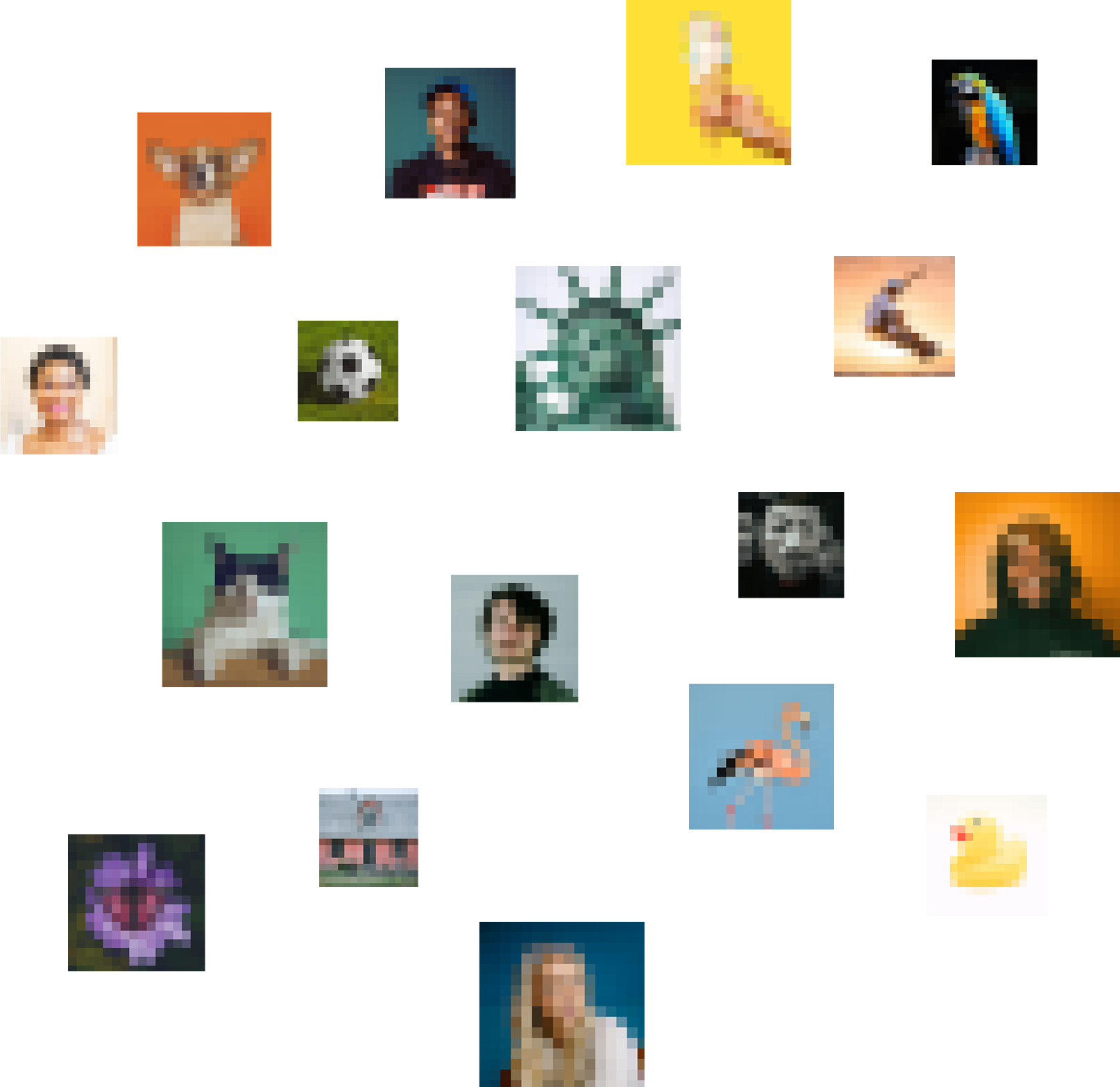 a collage of pixelated images, including people, animals, and food
